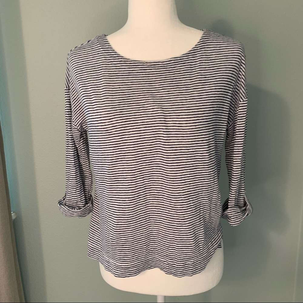 Adrienne Vittadini Navy and White Stripe Linen Top